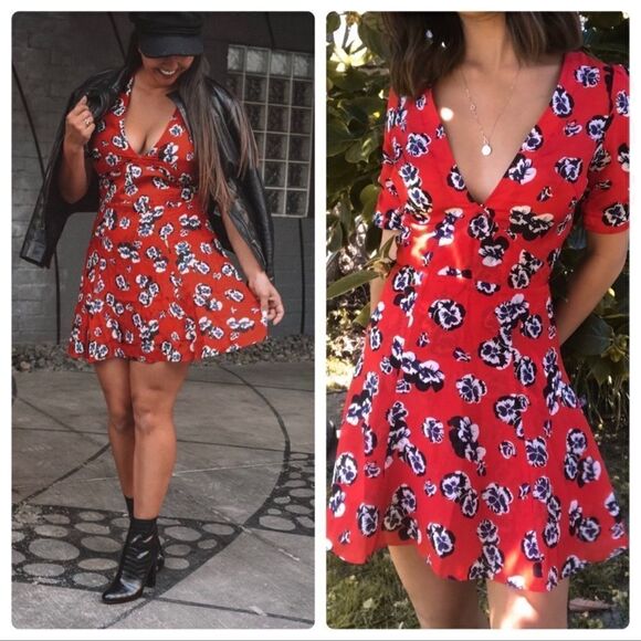 Realisation Par The Ozzie Pansy Mini Dress V-Neck Floral Red Mini - Picture 4 of 11